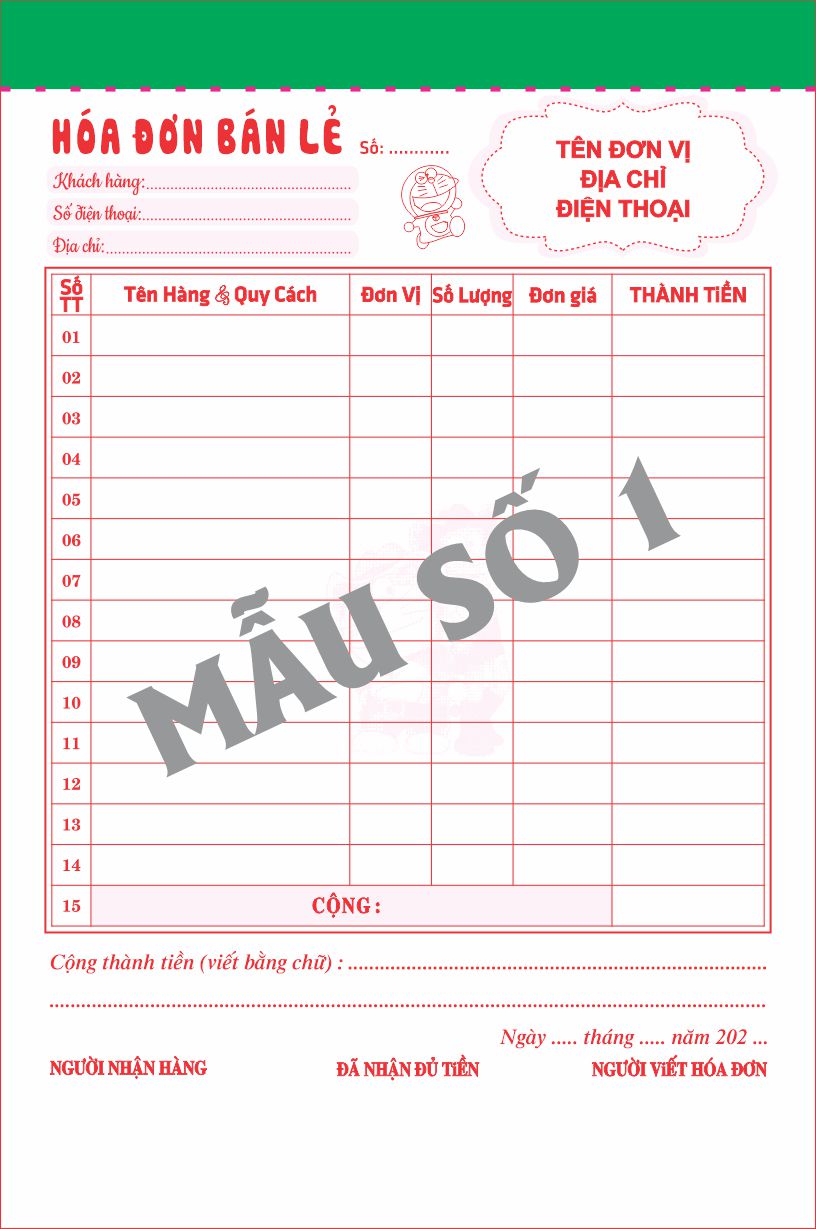 Hoá đơn bán lẻ 1 liên-Block 10 quyển-chọn mẫu in tên