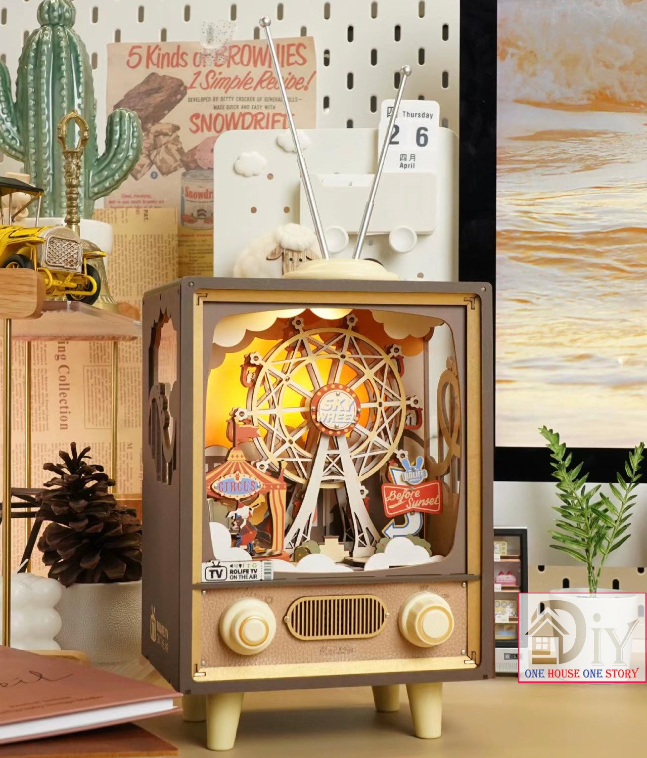 Hộp nhạc Mô hình Tivi gỗ cơ động học DIY Robotime Rolife Sunset Carnival Music Box AMT01 tự lắp ráp Quà tặng giáng sinh trang trí sáng tạo