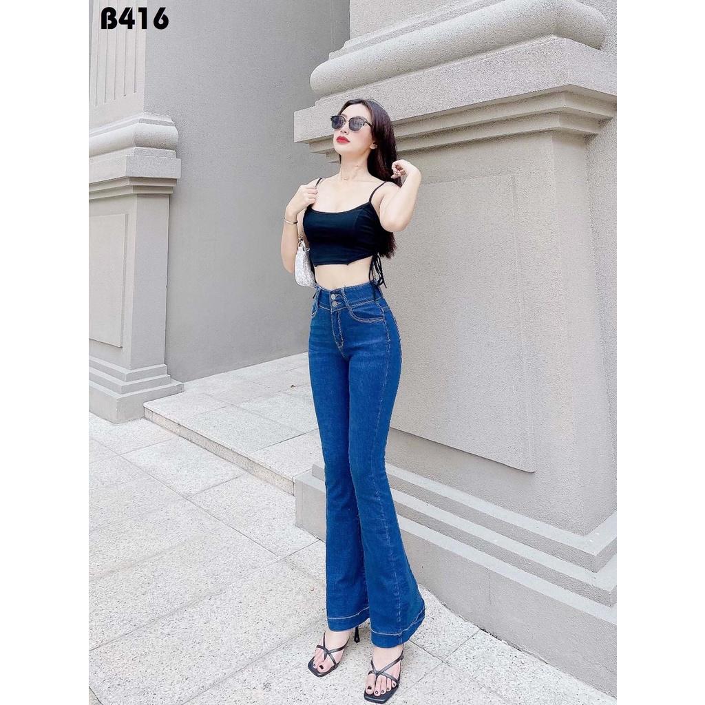 Quần Jeans Ống Loe Nữ Lưng Siêu Cao Co Giãn