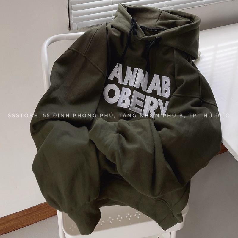 Áo Hoodie nỉ cotton lót bông thêu chữ ANNAB màu xanh form rộng unisex nam nữ