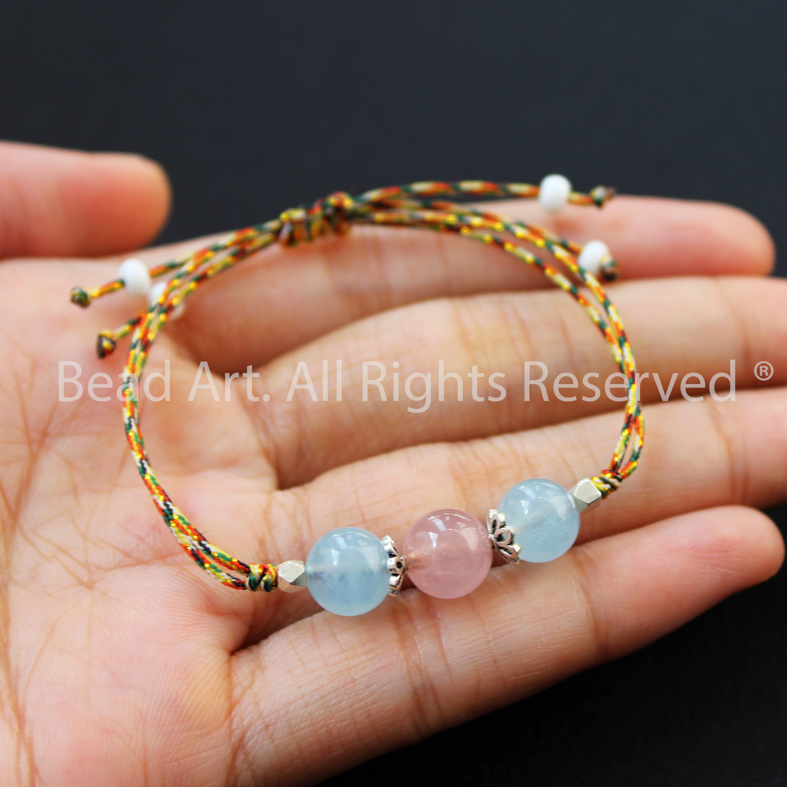 Vòng Tay Dây Ngũ Sắc Đá Aquamarine Và Thạch Anh Hồng Thiên Nhiên Và Bạc 925, Mệnh Mộc, Vòng Tay Phong Thuỷ - Bead Art