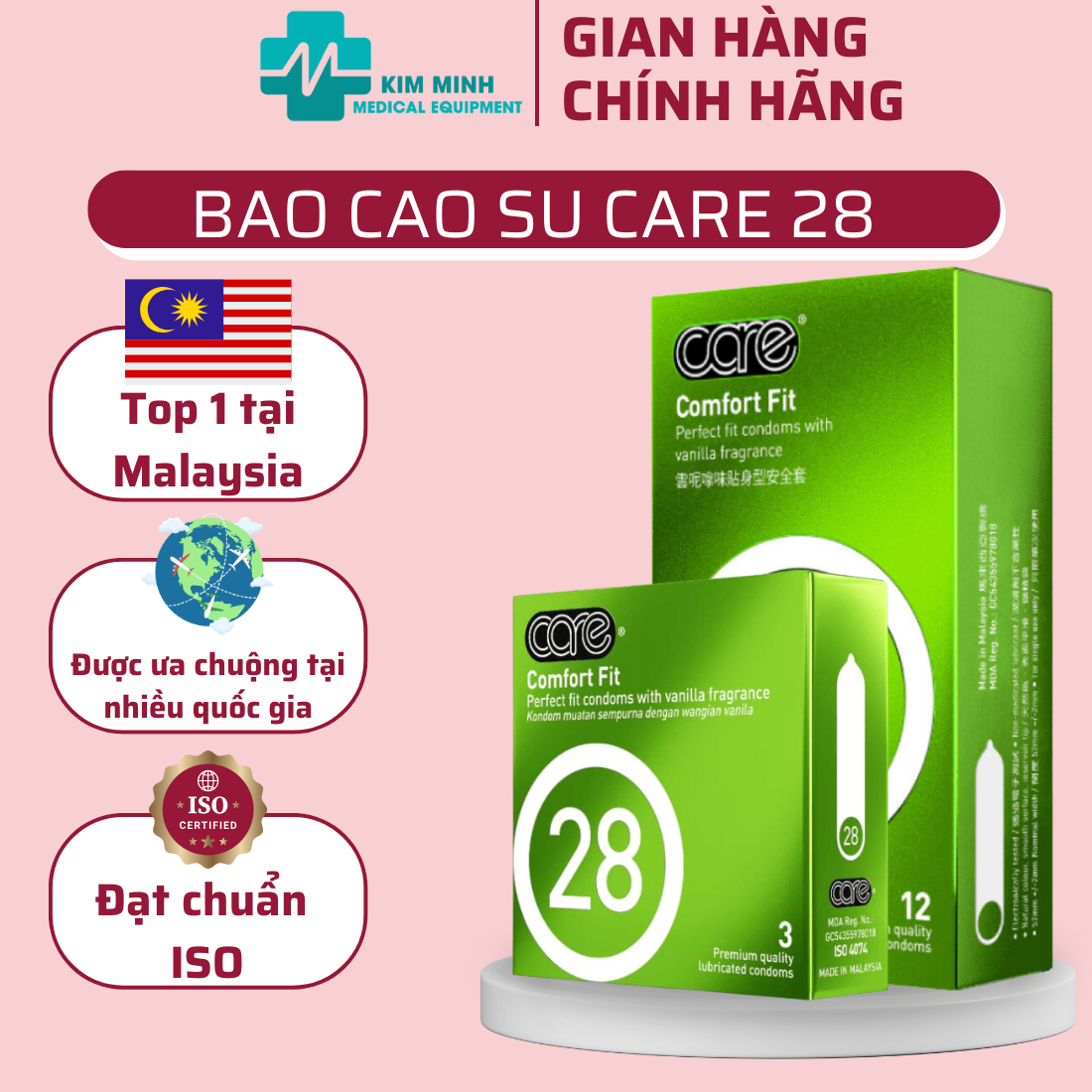 Bao cao su mỏng trơn truyền thống CARE 28, nhiều gel bôi trơn, kéo dài thời gian, hương vani, hộp 3, 12 chiếc