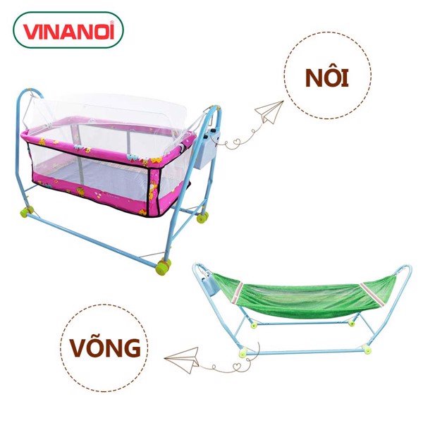 Nôi Võng Tự Động Giá Rẻ Em Bé NV20H VINANOI Sức Chứa 20kg - Lồng Nôi Màu Hồng - Khung Võng Màu Xanh Sơn Thép Tĩnh Điện