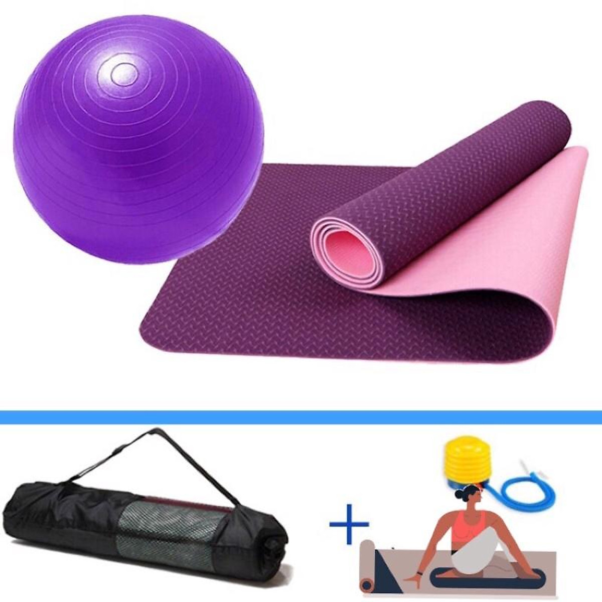 Combo thảm tập yoga 6mm 2 lớp + bóng tập yoga cao cấp (Kèm túi đựng thảm và bơm bóng) - Chính hãng dododios