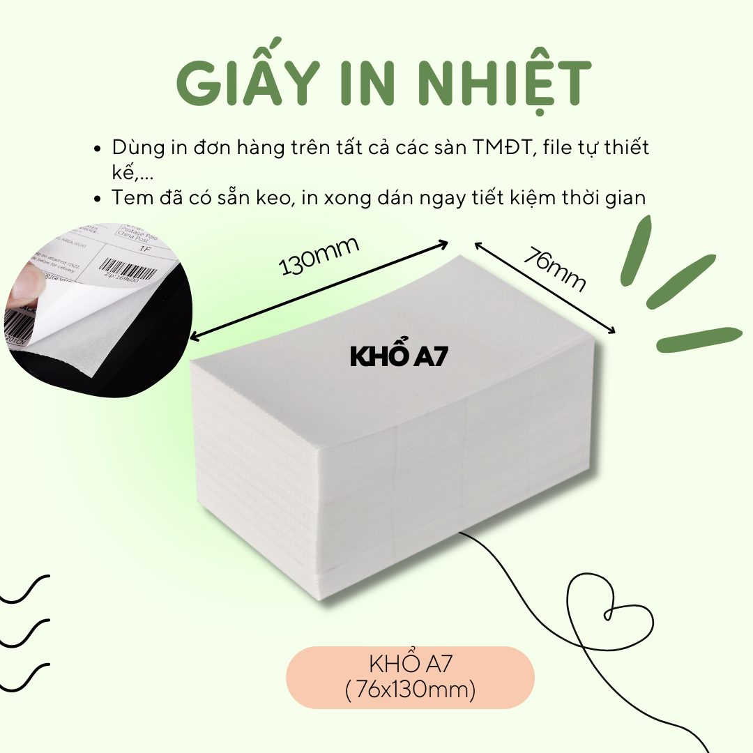 Giấy in đơn hàng TMĐT khổ A7 (76x130mm) 500 Tờ/sấp in decal nhiệt tự dán không cần băng dính tiện lợi