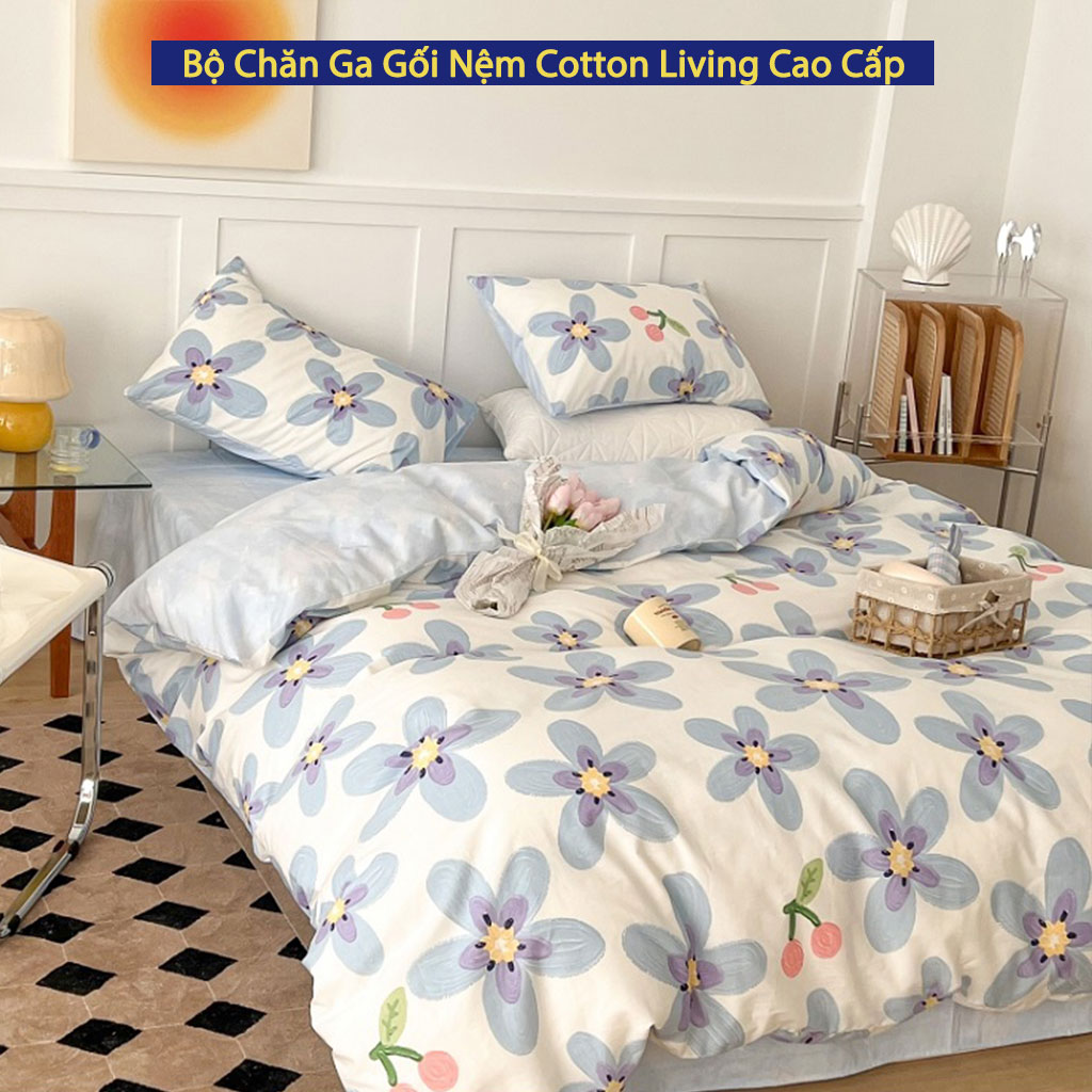 Bộ Chăn Ga Gối Nệm Đệm 5 Món Cotton Living Cao Cấp Chuẩn Khách Sạn 5 Sao Bộ Chăn Drap Ga Gối Đệm Ra Nệm Trải Giường 5 Món Cotton Living