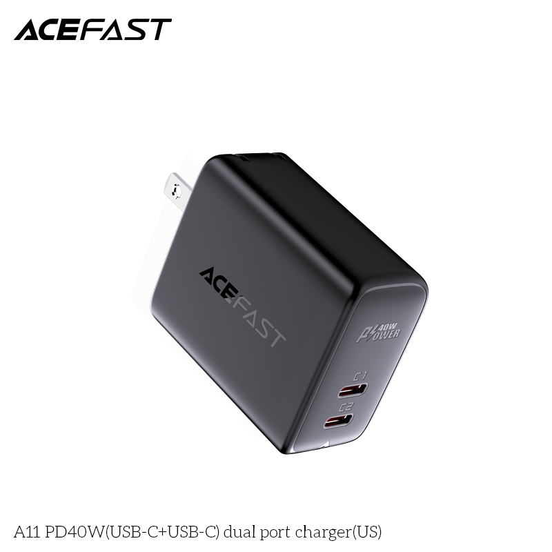 Adapter Sạc Acefast PD 3.0 40W 2 Cổng USB Type-C USB Type-C Chuôi Dẹt US A11 - Hàng Chính Hãng