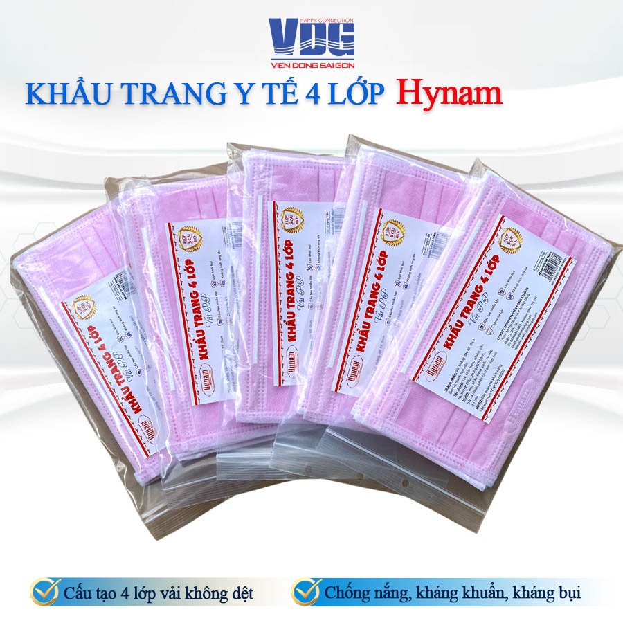 Khẩu trang y tế 4 lớp Hynam màu hồng hộp 50 cái - Kháng khuẩn, chống bụi, chống tia UV