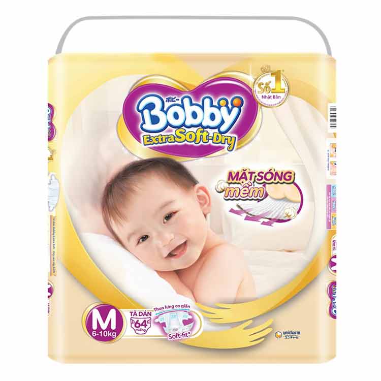 Tã Dán Siêu Mềm Bobby Extra Soft Dry Gói Siêu Lớn M64 Miếng (6-10kg)