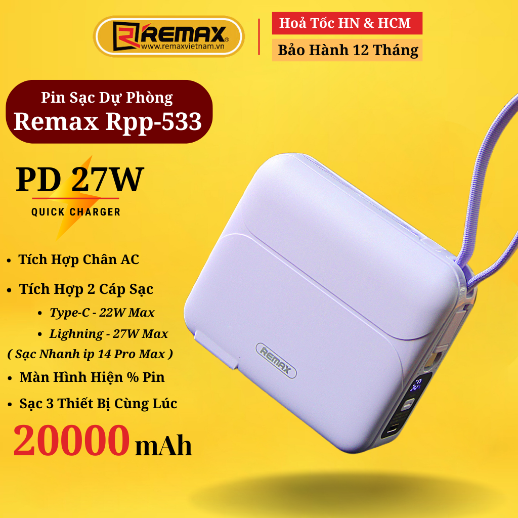 Sạc dự phòng 20000mAh kiêm củ sạc Remax RPP 553 thiết kế kèm dây sạc nhanh 27w cho 14 Serie - Hàng Chính Hãng Remax