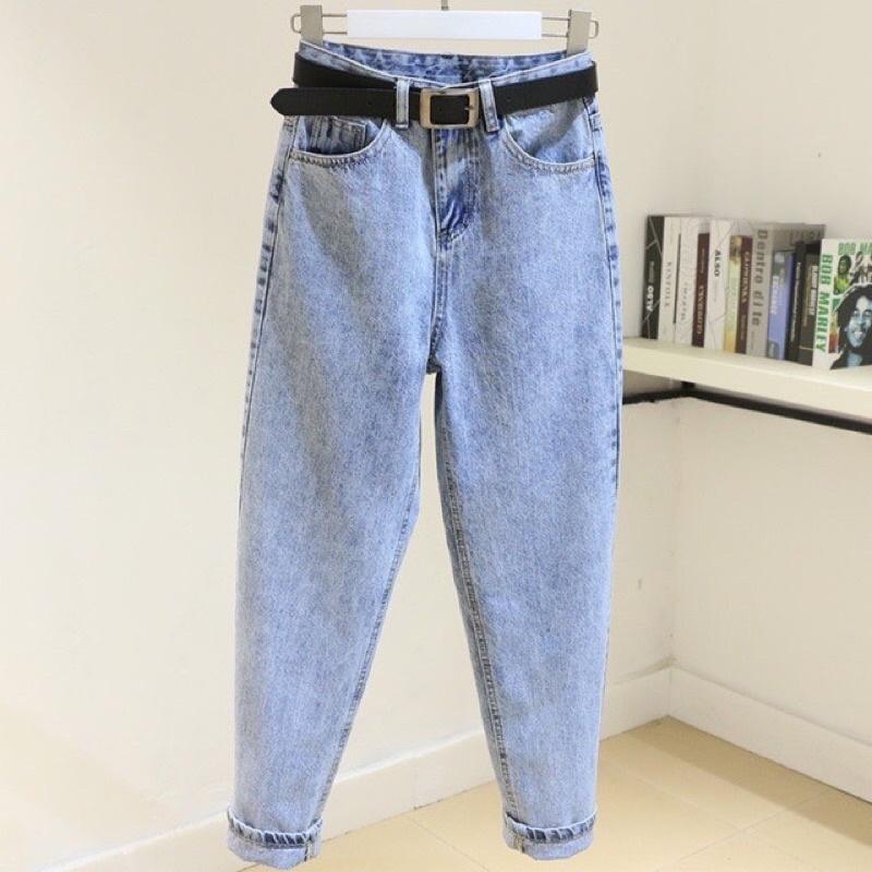 Quần jeans baggy nữ lưng cao hoạ tiết trơn vải bò dày dặn