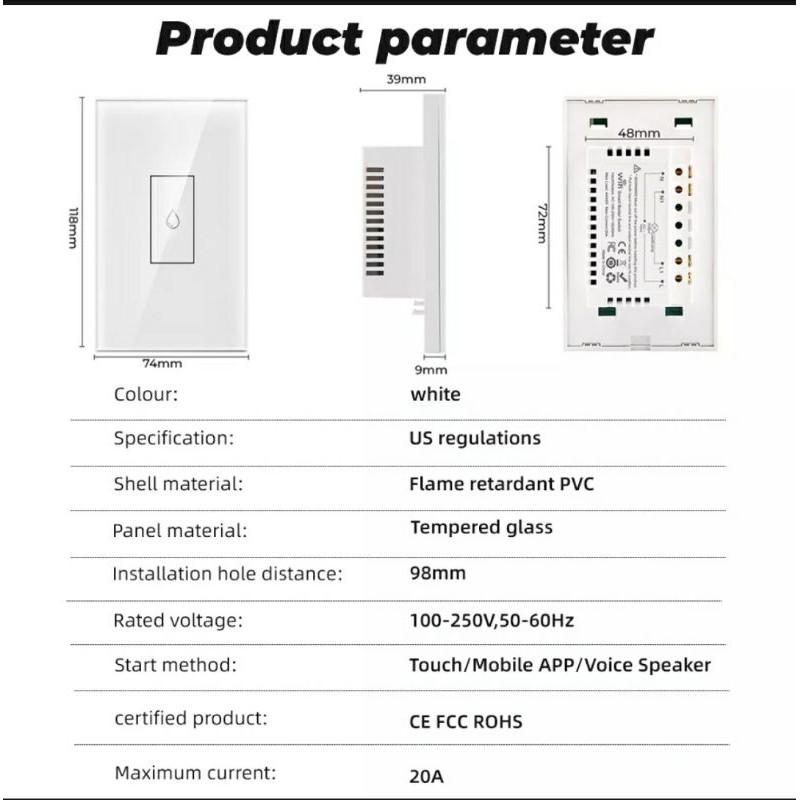 Công tắc thông minh Wifi Tuya công suất cao 20A 4400W dùng cho bình nước nóng, hẹn giờ bật tắt từ xa