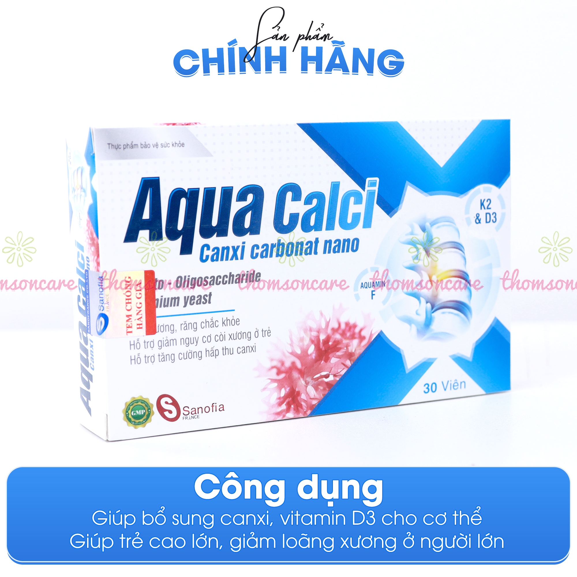 Canxi cho bé Aqua Calci Sanofia - Giúp bé phát triển chiều cao, giảm loãng xương ở người lớn từ Vitamin D3 K2 - Hộp 30 viên dạng vỉ