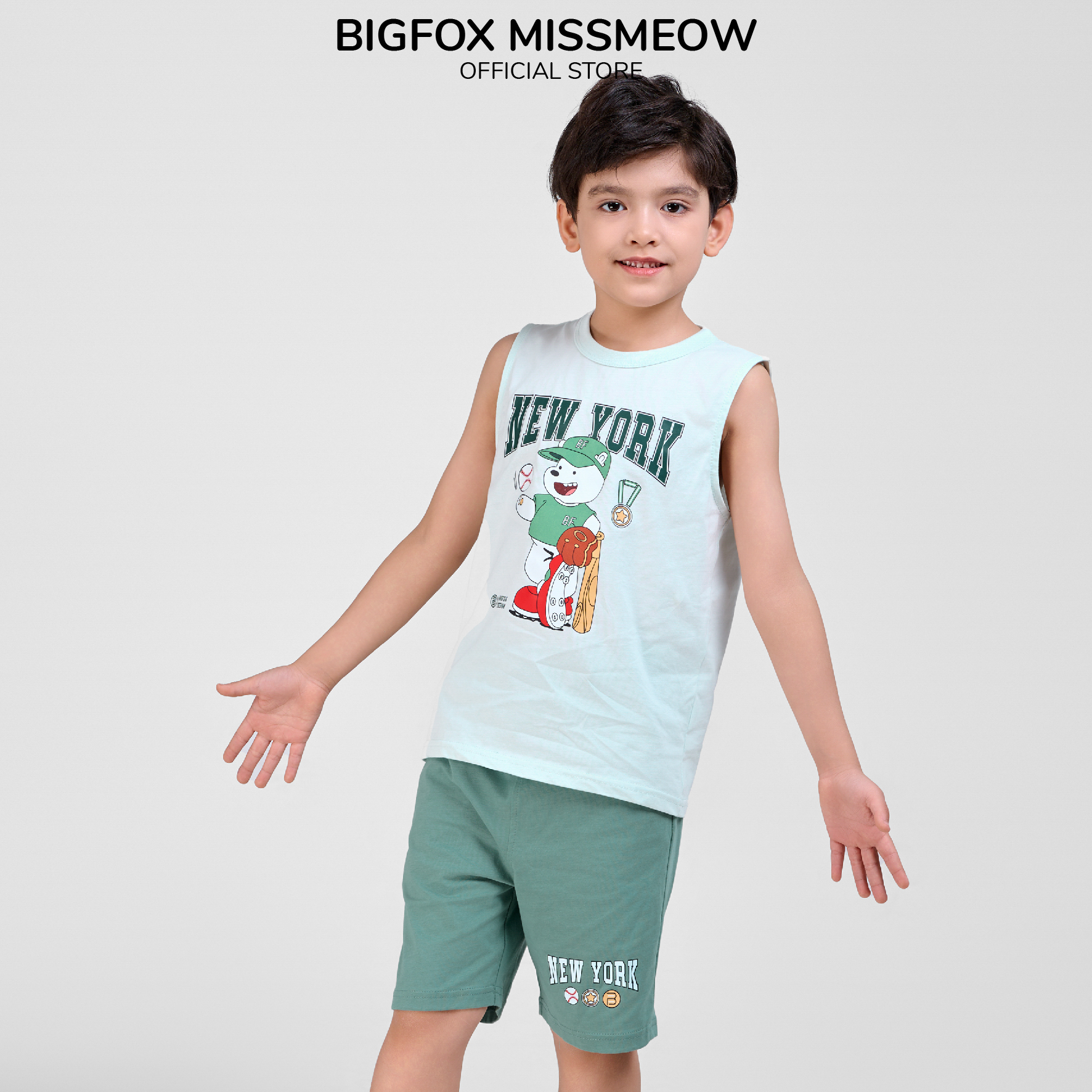 Bộ ba lỗ cho bé trai Bigfox Miss Meow chất cotton in Gấu size đại 3,7,9,11 tuổi 30kg 40kg