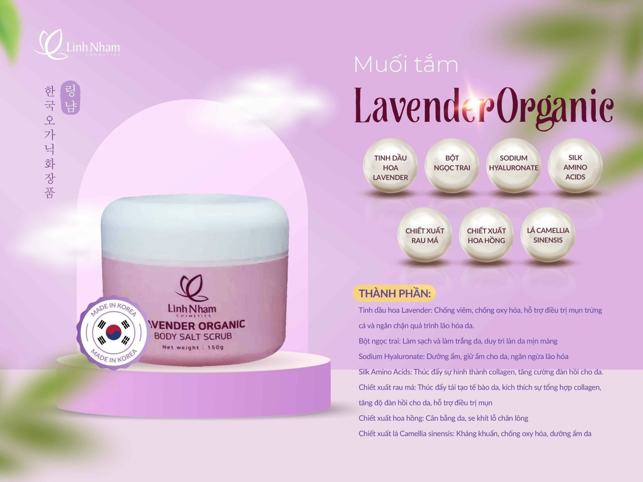 Muối Tắm Thảo Dược Thiên Nhiên Lavender Organic Linh Nhâm (LAVENDER ORGANIC BODY SALT SCRUB) 150g, tẩy tế bào chết, hỗ trợ điều trị mụn lưng, rôm sảy