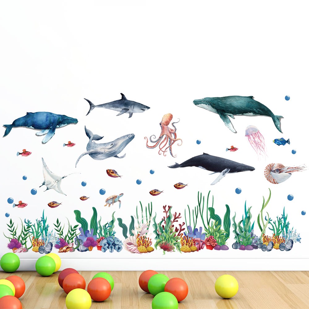 Decal trang trí tường - Đàn cá voi xanh