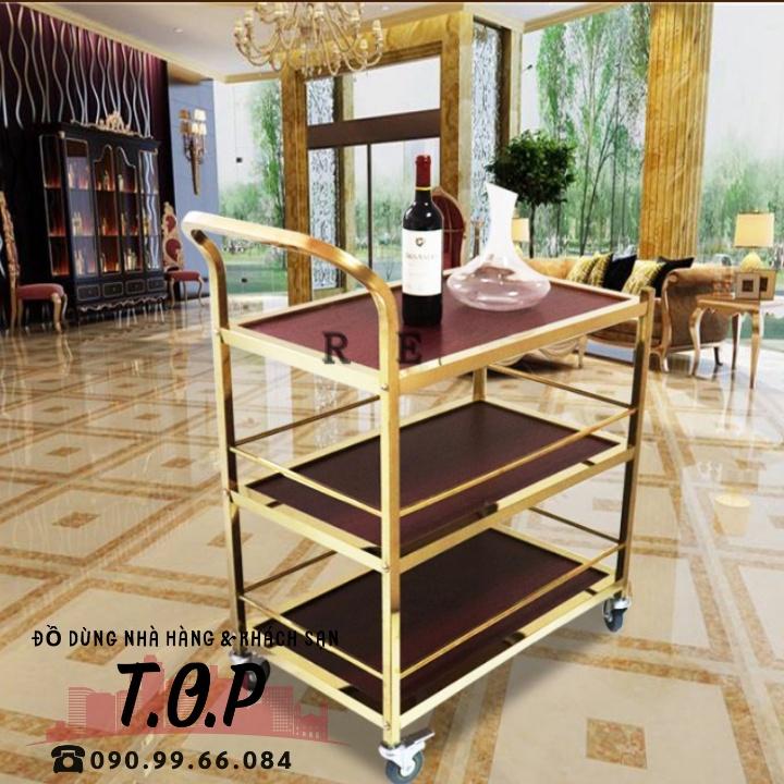 Xe Đẩy Phục Vụ Rượu Trà, Thức Ăn 3 Tầng Inox Vàng Và Gỗ.