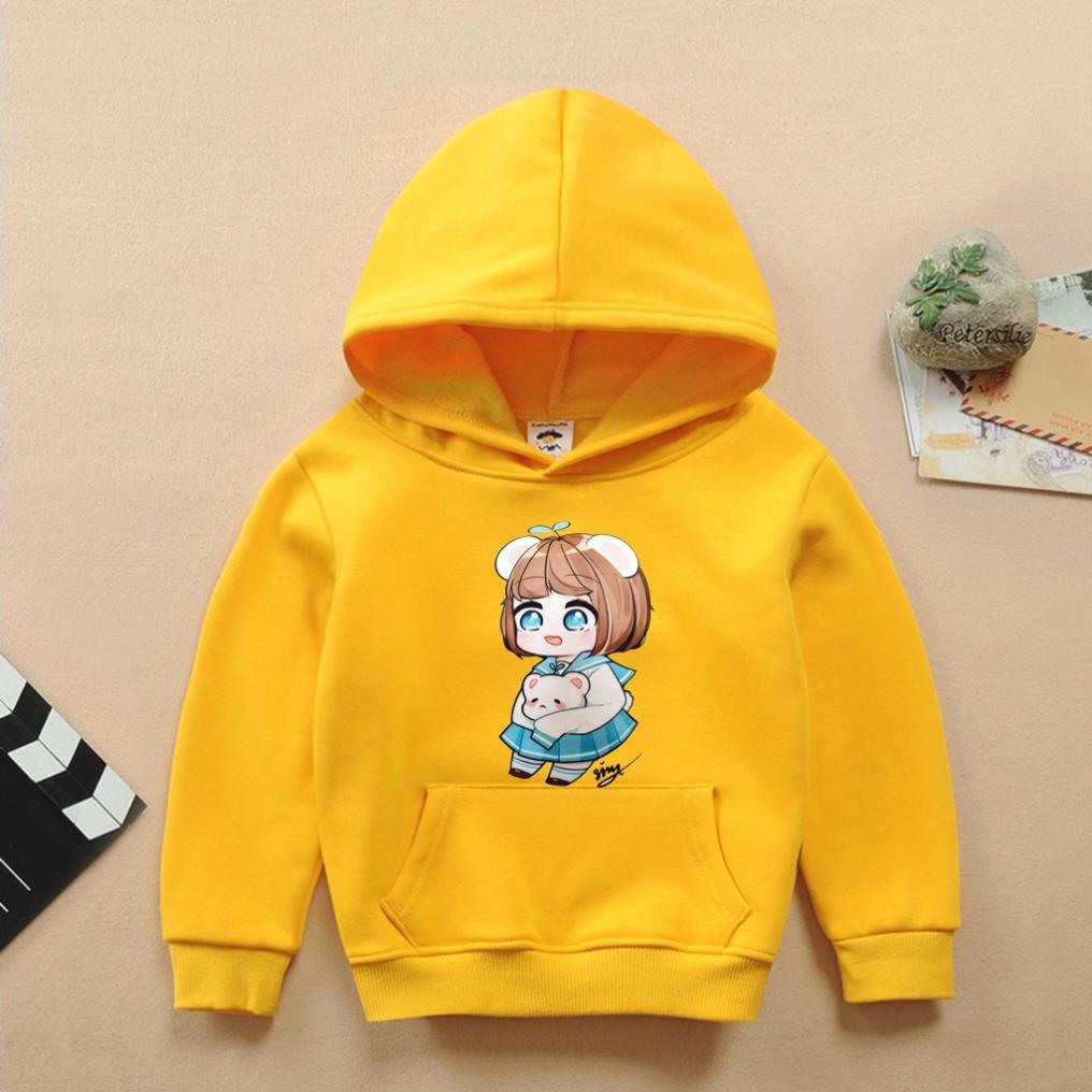 Áo hoodie màu vàng nỉ bông có mũ in hình hero team cho bé trai bé gái