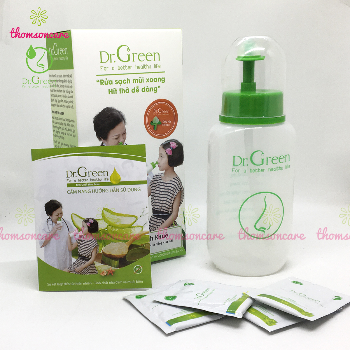 Bình rửa mũi Dr.Green tặng kèm 10g muối - Giúp thông mũi, giảm ngạt mũi, viêm xoang - Có van điều chỉnh cho cả bé và người lớn