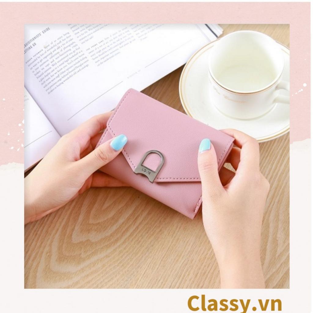 Ví nữ Classy mini, ví dạng gập màu trơn, nhiều ngăn đựng thẻ, có nút bấm T1304