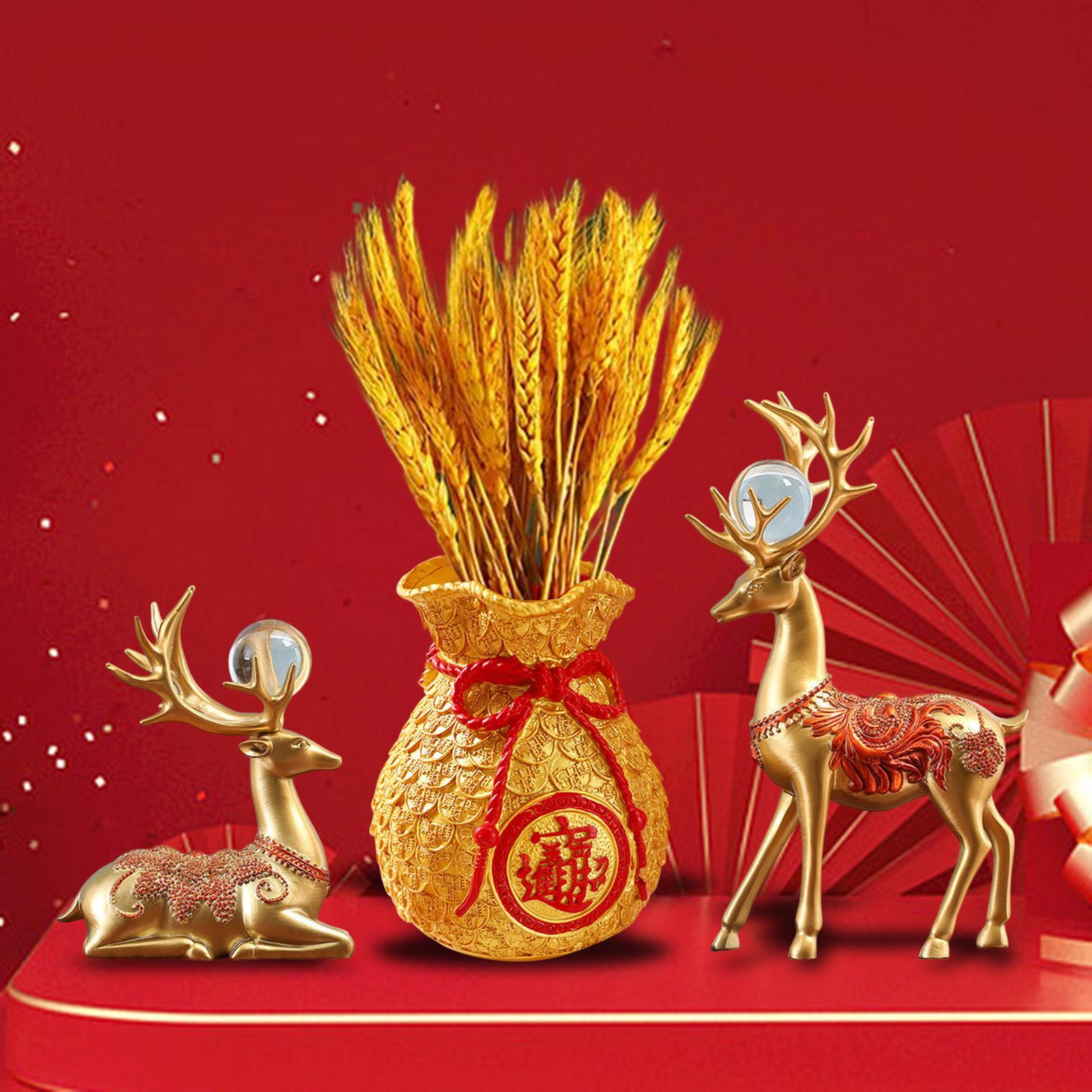 Set 3 Tượng : Túi May Mắn, 2 Tượng Nai Sừng Tấm Trang Trí Nhà Cửa Phòng Khách Năm Mới