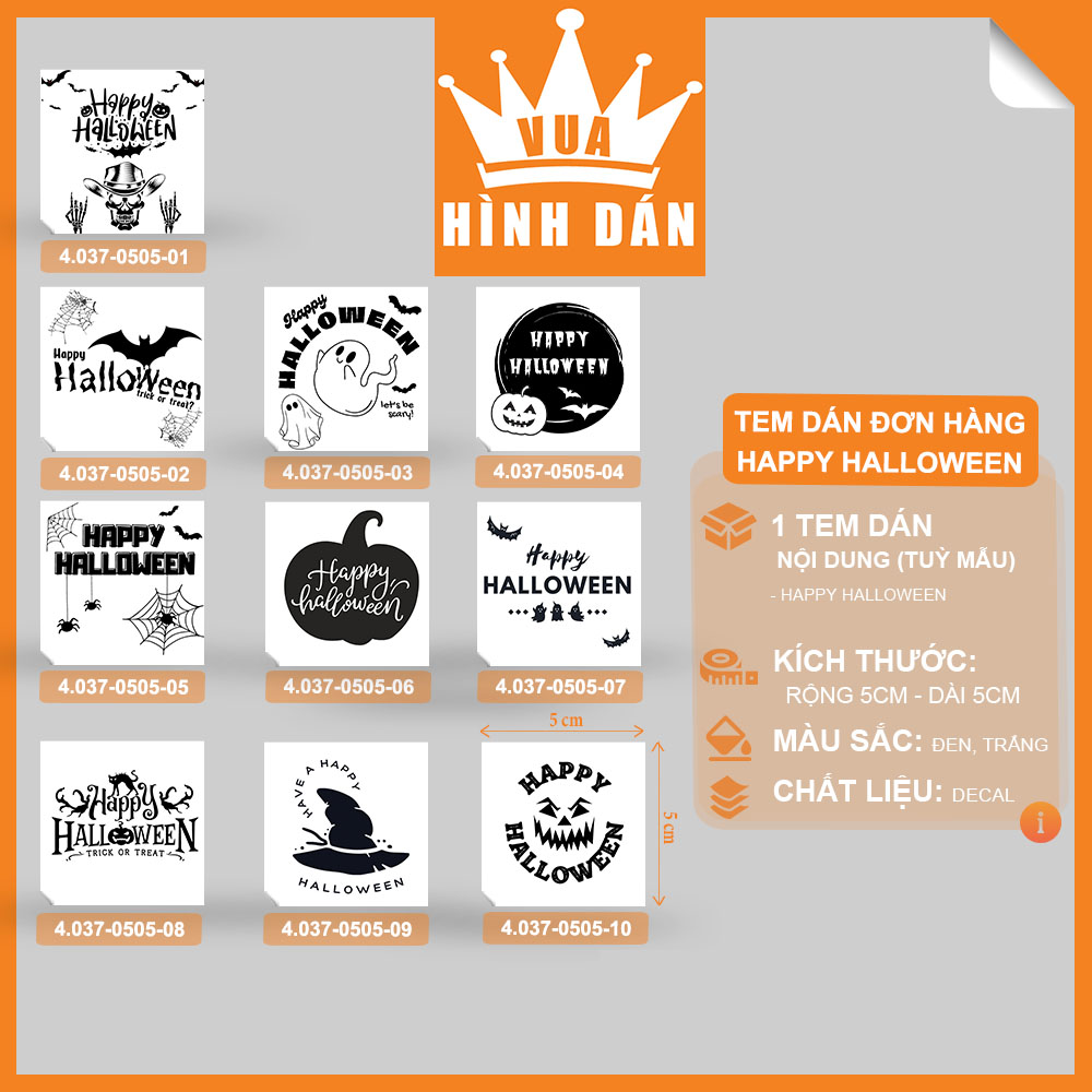 Set 50/100 sticker HAPPY HALLOWEEN (5x5cm) (4.037) - tem đa năng dán thiệp, hộp quà hoặc sản phẩm