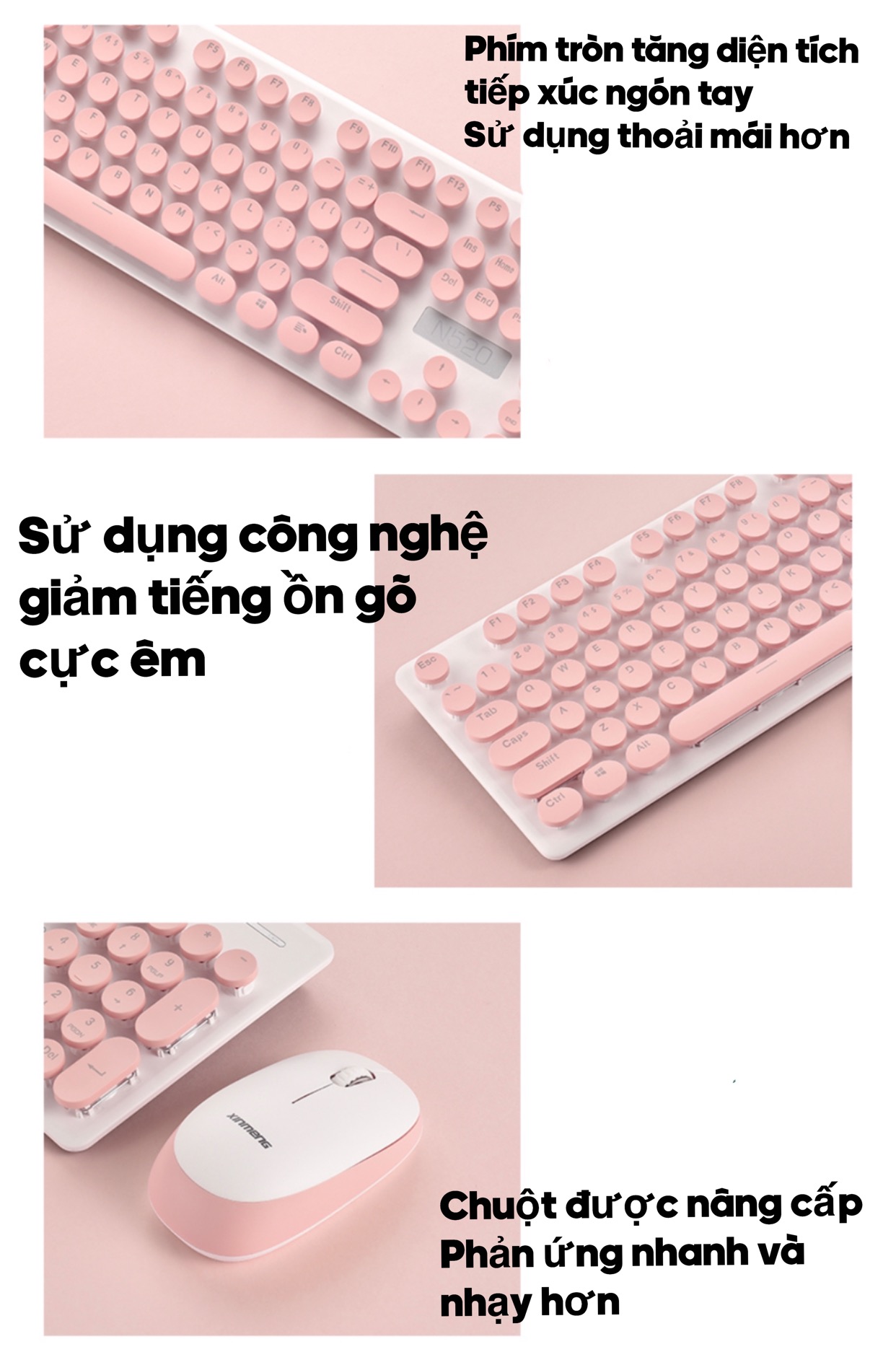 Bộ Chuột và Bàn Phím Không Dây Siêu Đẹp XSmart N520 Mẫu Cao Cấp Màu Cực Đẹp, Bấm Êm - Hàng Chính Hãng