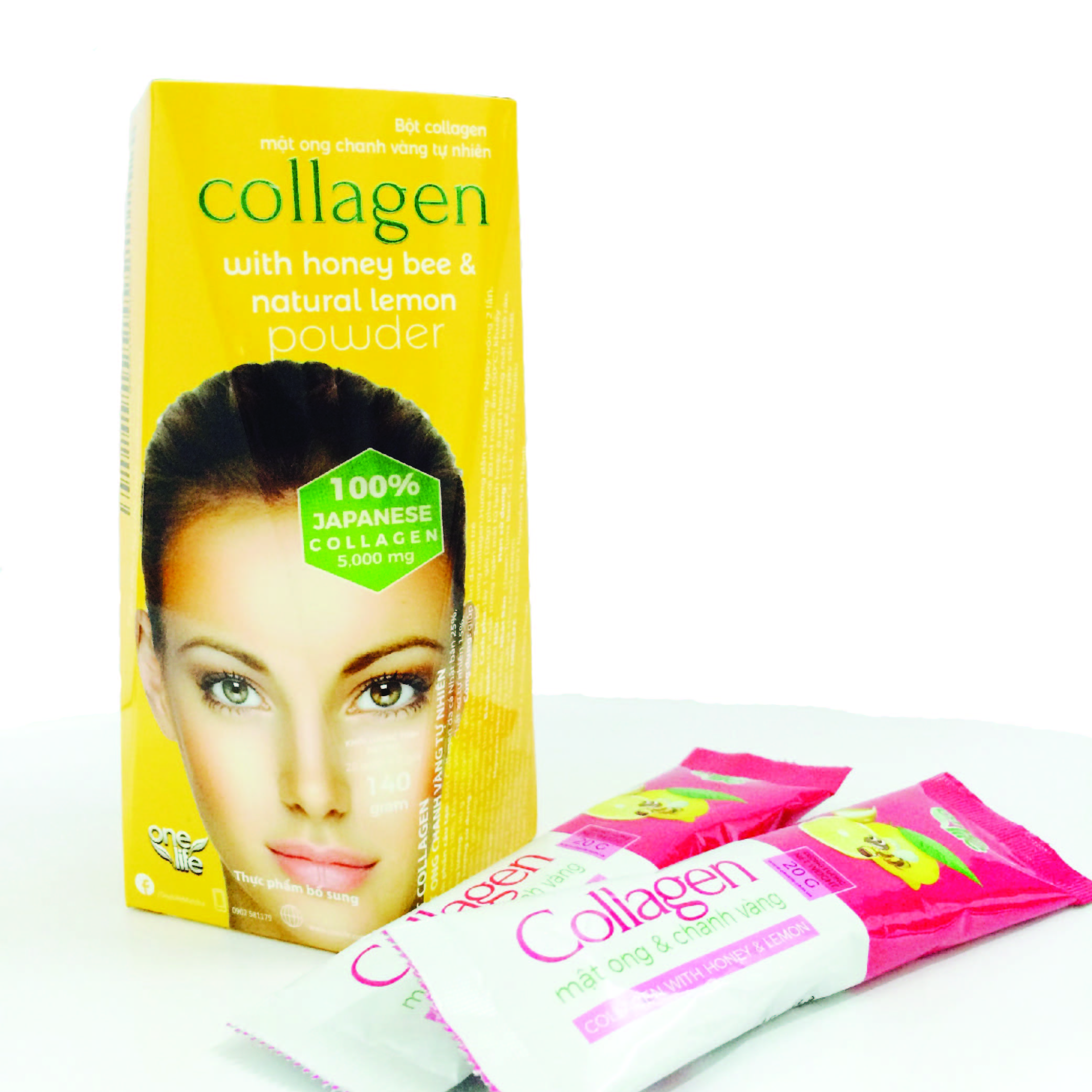 Thực Phẩm Bổ sung Collagen Mật Ong Chanh Vàng Tự Nhiên OneLife (100% Bột collagen Cá Nhật Bản) – Hộp 7 gói x 20gr/gói