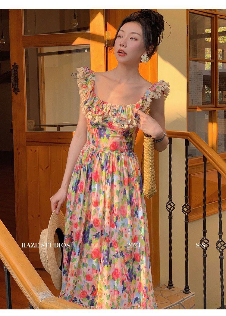 TOBE1SHOP 2023 Xuân và mùa hè Pháp Vintage váy một chiều vai trà nghỉ váy hở vai tranh sơn dầu in đầm mùa xuân nữ