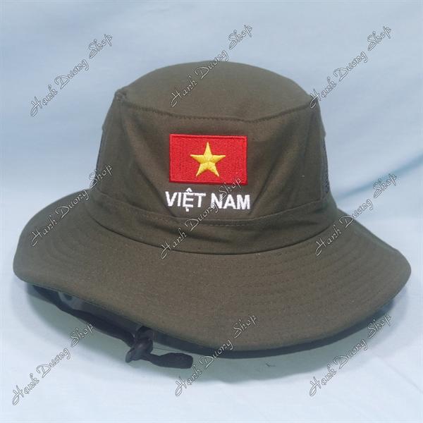 Nón tai bèo nón lính nam thêu Lá Cờ Việt Nam size đầu 60cm, có lỗ thông gió bên hông nón - Nâu nhạt