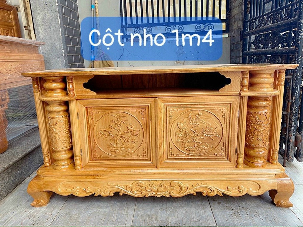 Kệ tivi cột nho nồi gỗ gõ đỏ ngang 1M6-1M8-2M-2M2-2M4