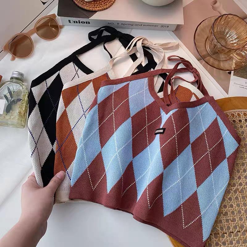 Áo yếm croptop dệt kim caro nữ - Áo ba lỗ len kiểu buộc dây cô tim dáng ngắn hàng đẹp thiết kế Quảng Châu cao cấp