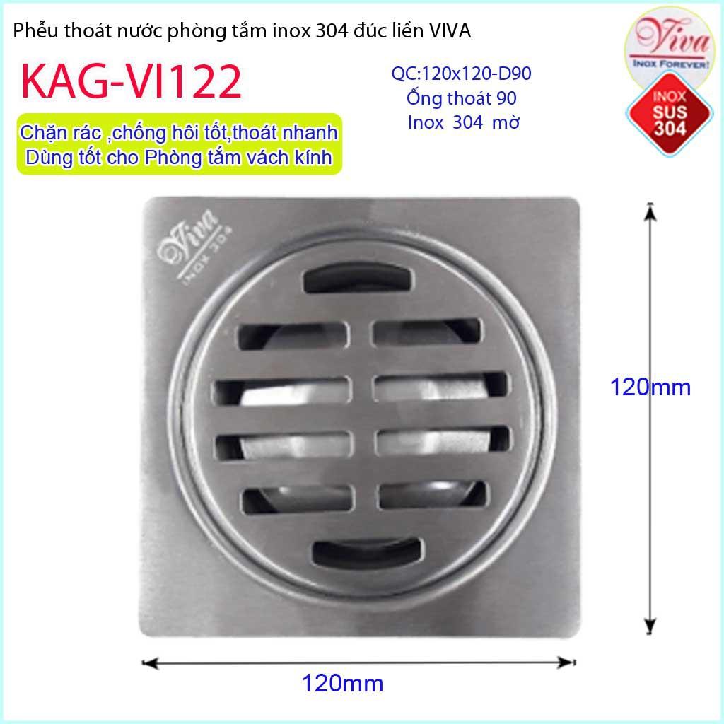 Phễu thoát sàn Viva 12x12 cm KAG-VI122 ống thoát 90mm chống mùi hôi inox 304, thoát sàn inox đúc dày thoát nước nhanh ch