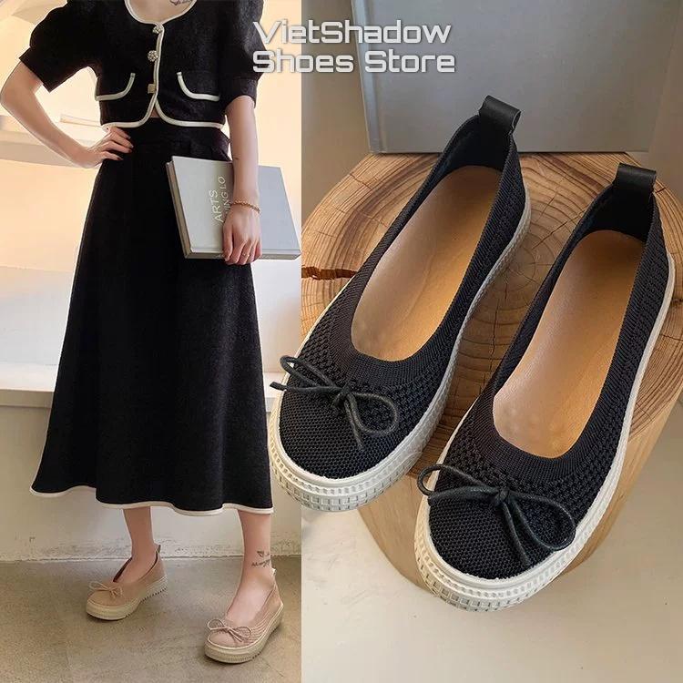 Slip on kiểu búp bê - Giày lười nữ dệt kim 3D nguyên chiếc 2 màu đen và khaki, đế cao su mềm chống trơn trượt - Mã A31