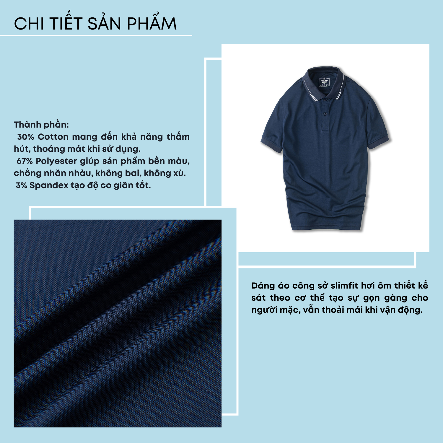 Áo polo nam màu xanh đen phối viền ADINO vải polyester cotton mềm mịn dáng slimfit công sở trẻ trung AP96