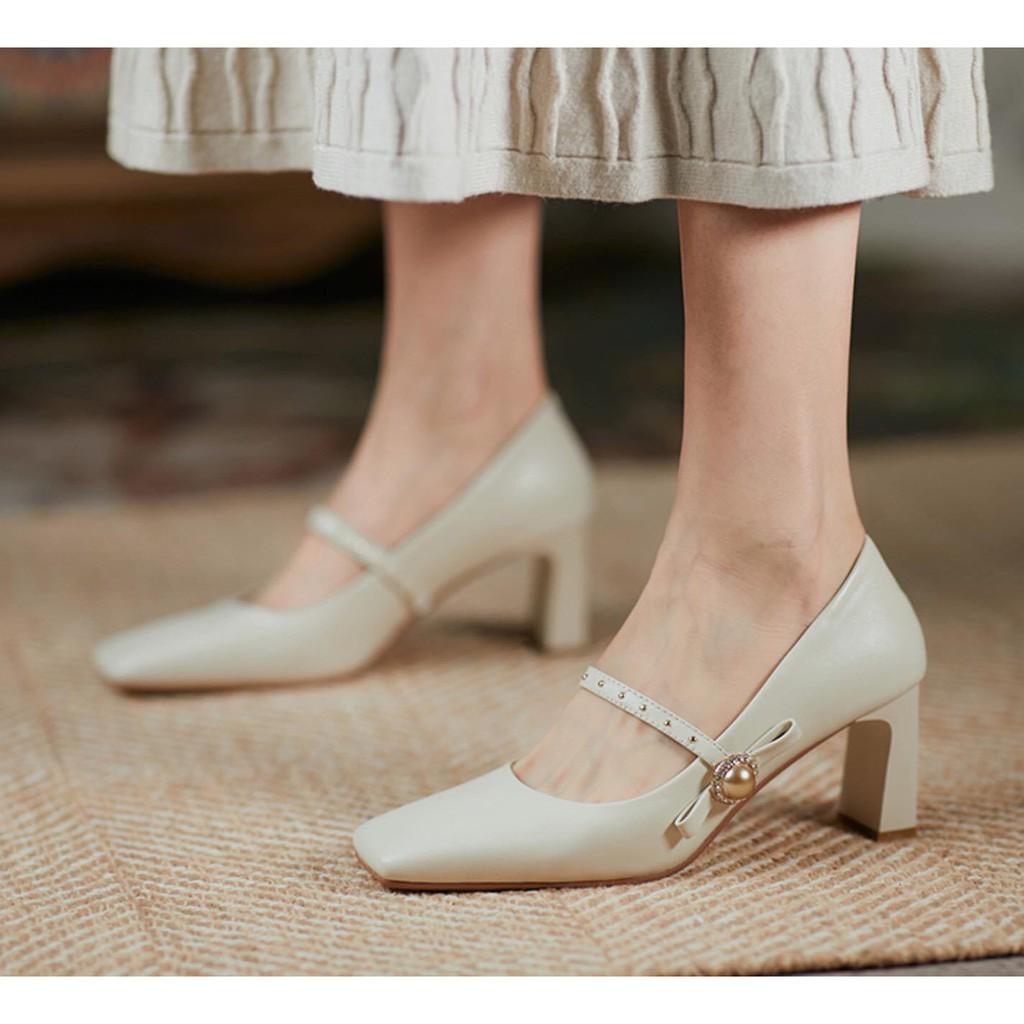 Sẵn hàng Mary Jane giày nữ mùa xuân mới hoang dã mũi vuông khóa đơn giày nhỏ hương thơm phong cách giày cao gót dày gót