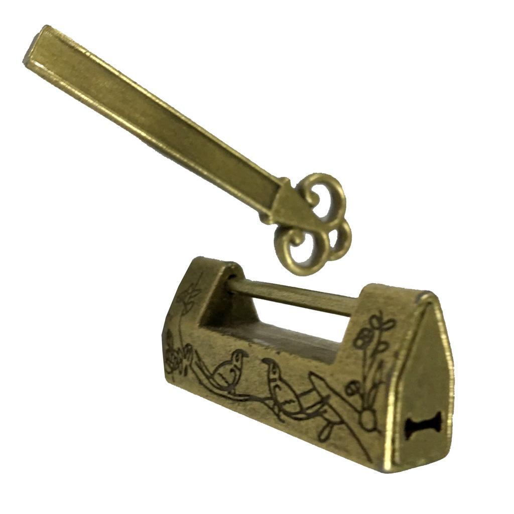 Retro Chinese Antique Style Brass Carved Bird Pattern Padlock Lock with Key