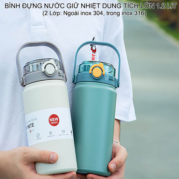 Bình đựng nước bằng inox 316, 2 lớp giữ nhiệt, dung tích 1.2 lít, có ống hút và quai xách