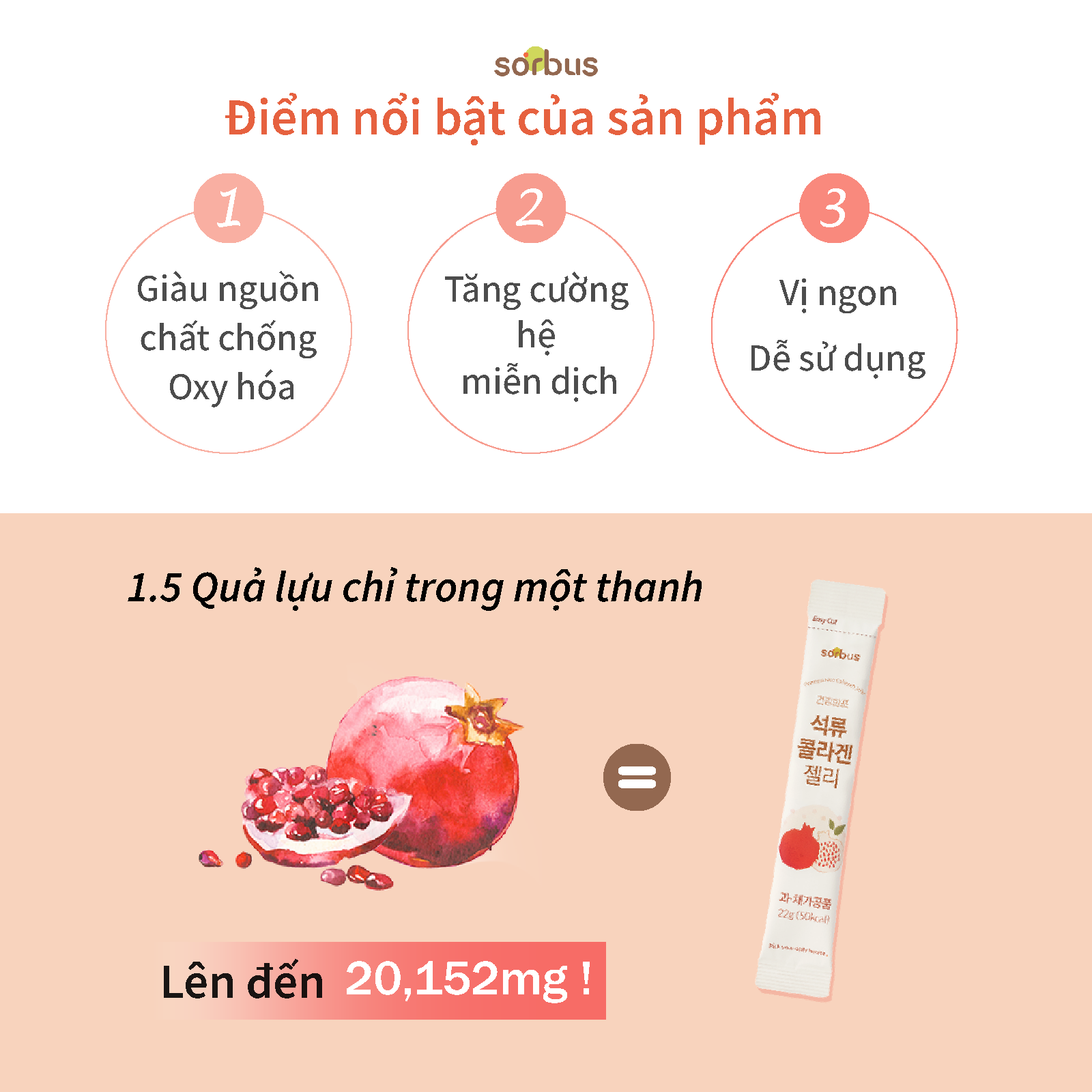 Sorbus - Thạch lựu Collagen Jelly Bar 1500mg ( 7 ngày) 