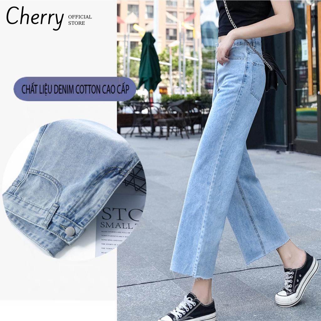 Quần jean nữ ống rộng lưng cao dáng lửng ngắn phong cách Hàn Quốc CHERRY, quần bò nữ ống đứng lửng bigsize cạp cao T038