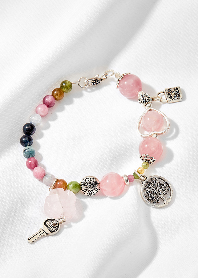 Vòng tay thạch anh hồng mix tourmaline đa sắc phối chìa khóa bạc Ngọc Quý Gemstones