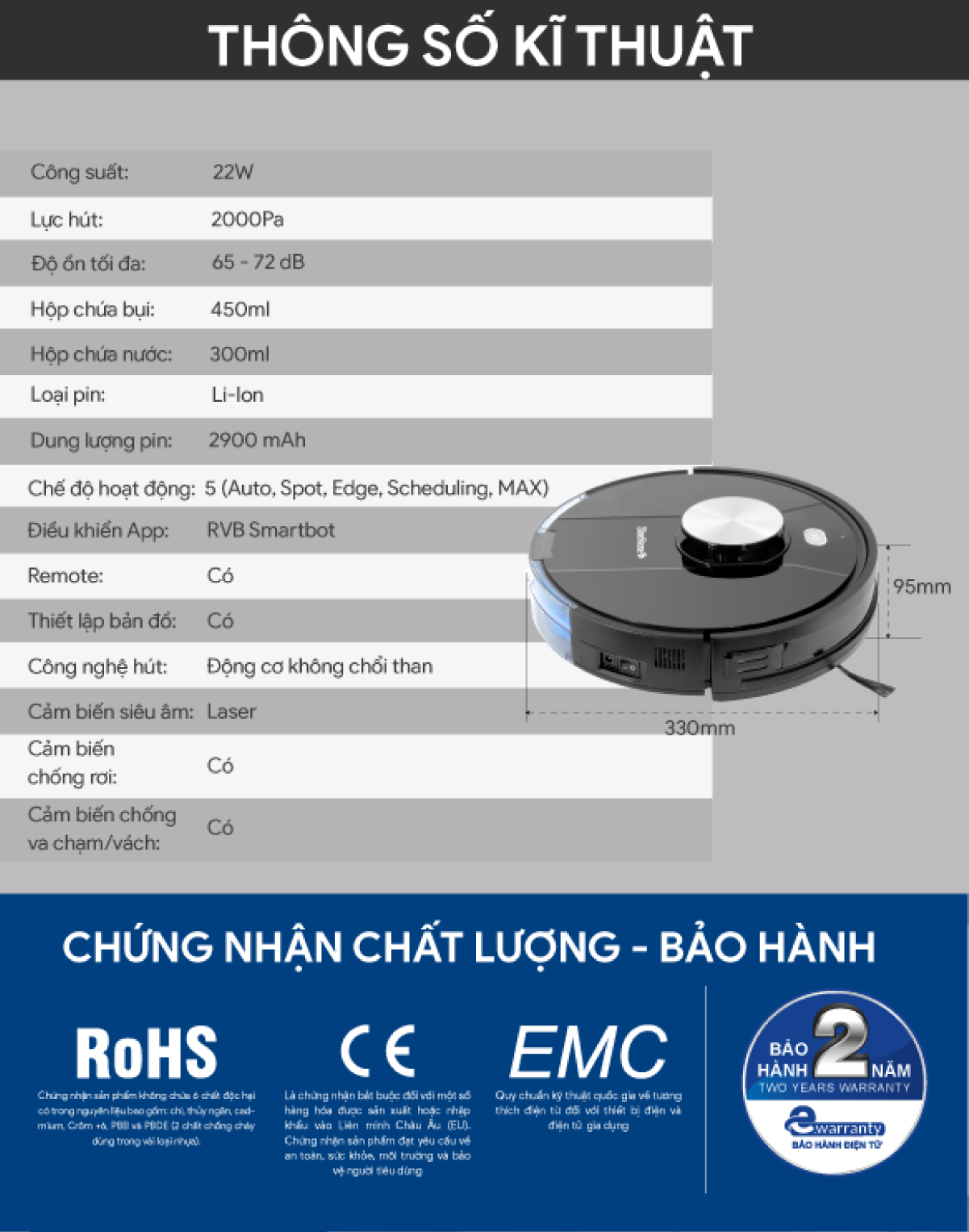 Robot Hút Bụi Lau Nhà BlueStone RVB-9731 - Lực hút: 2000Pa - Bảo hành 24 tháng - Hàng chính hãng