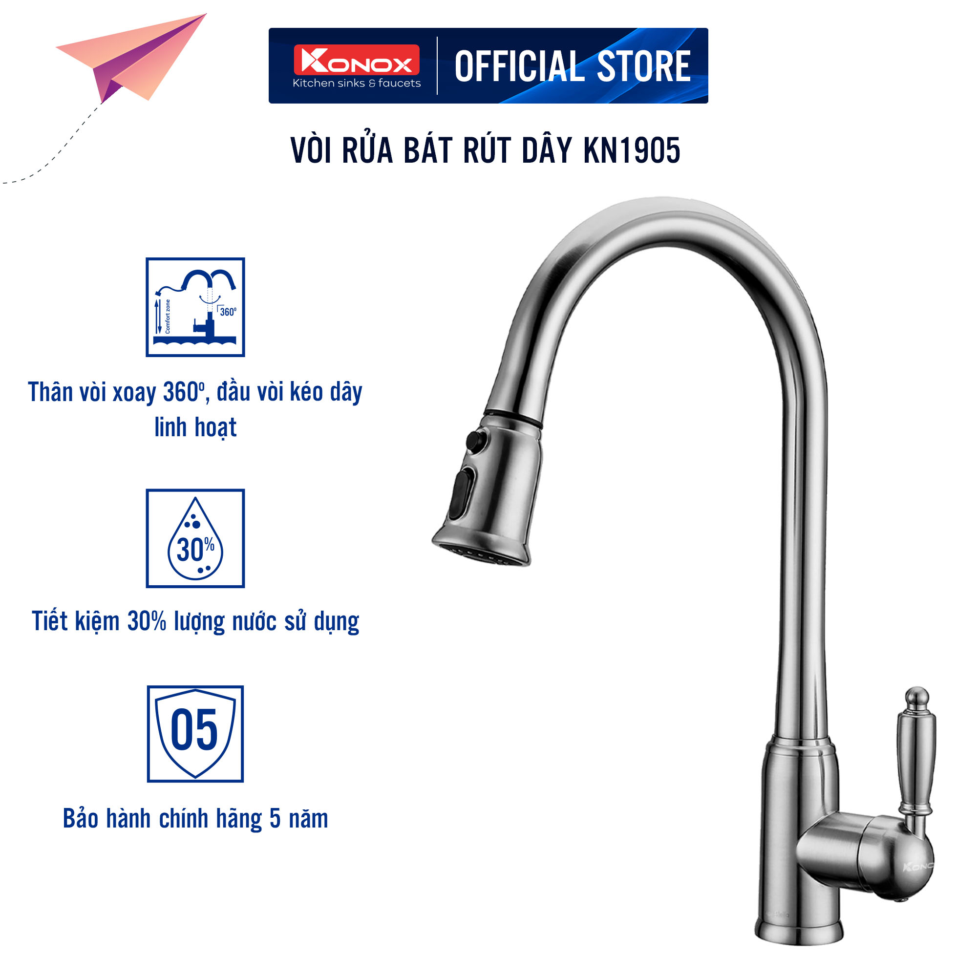 Vòi rửa bát rút dây Konox, Model KN1905, Inox 304AISI tiêu chuẩn châu Âu, mạ PVD 5 lớp sáng bóng, Hàng chính hãng