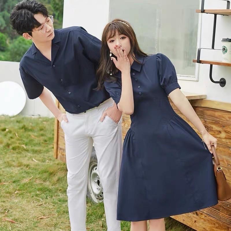 Set áo đầm đôi sơ mi đi biển chụp hình cưới, đồ cặp tình nhân Hàn Quốc màu xanh đen- Smice House
