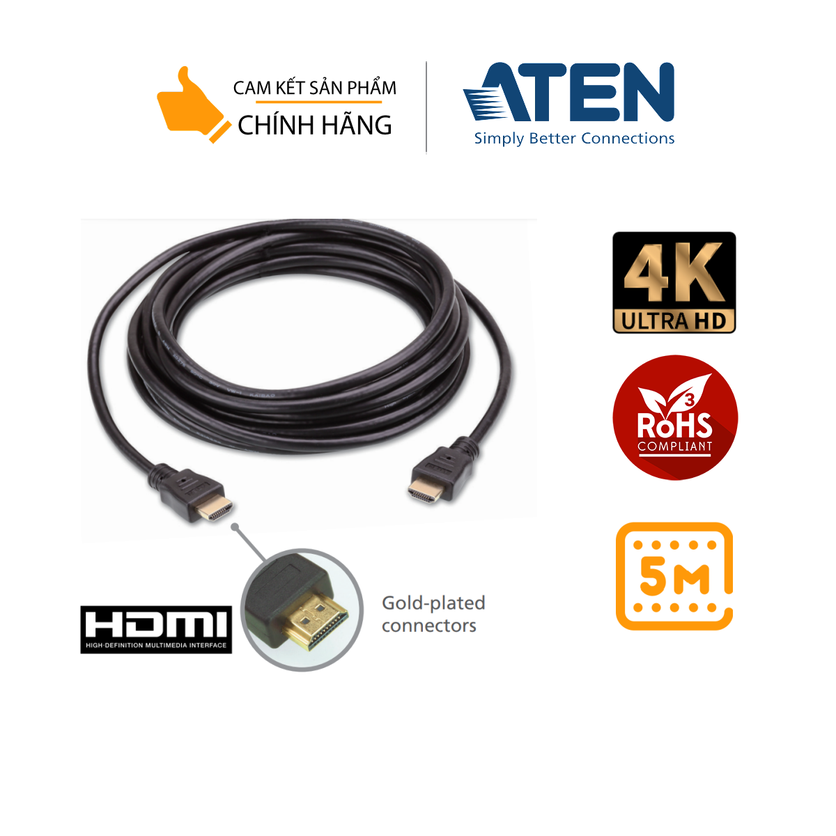 Dây cáp HDMI 5m Cao cấp 4K Aten 2L-7D05H Hỗ trợ 4K, 3D, Ethernet. 2 đầu mạ vàng, chất liệu đồng cao cấp có vỏ bọc chống nhiễu, vỏ PVC chống cháy UL VW-1, 30AWG, tiêu chuẩn EU RoHS – Hàng Chính hãng