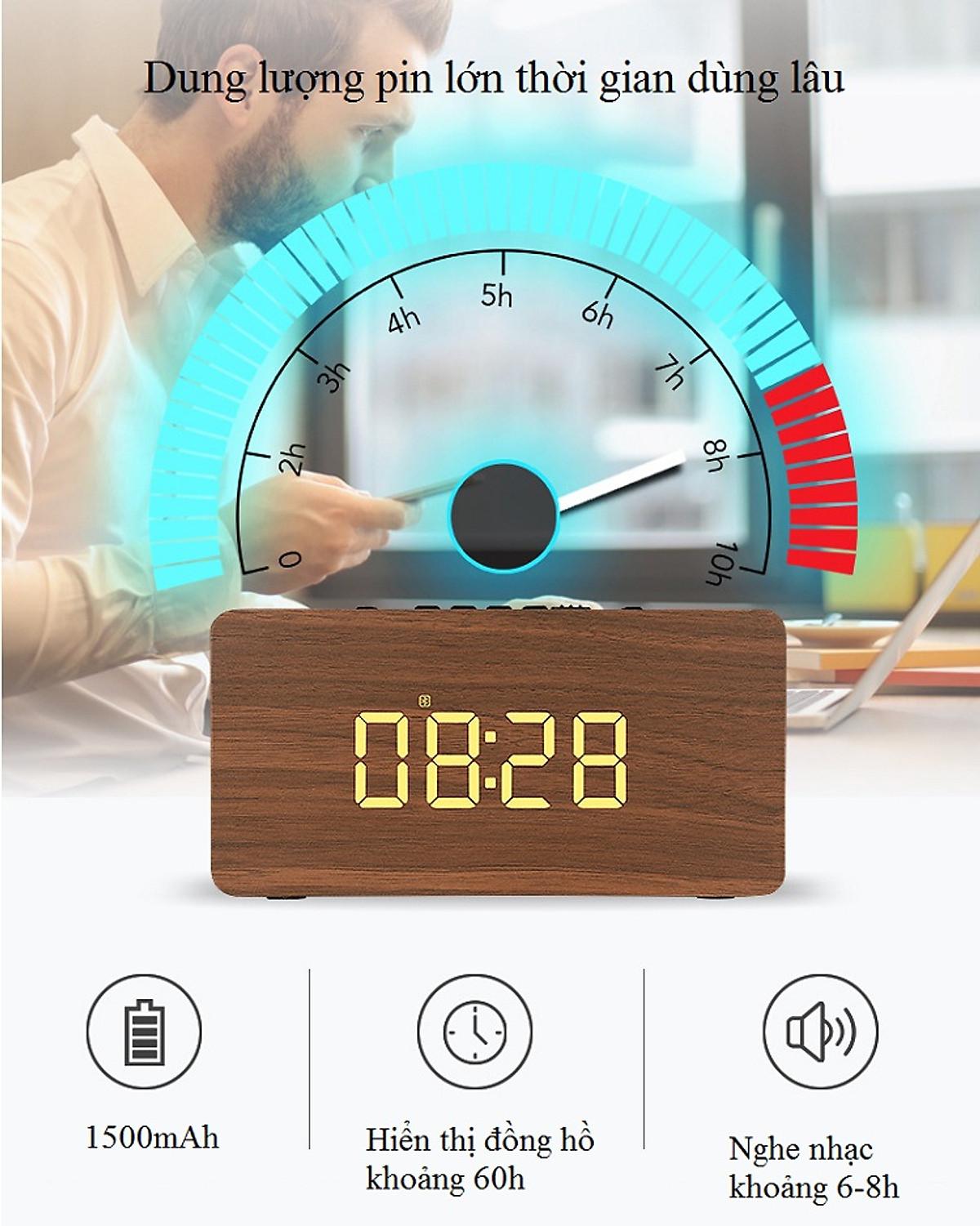 Loa Bluetooth Kiêm Đồng Hồ Báo Thức Siêu Trầm Di động Bằng Gỗ