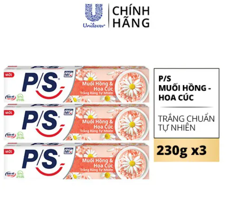 Bộ 3 Kem Đánh Răng P/S Trắng Răng Lành Tính - 100% Kiểm Chứng 230g/ hộp- Muối Hồng &amp; Hoa Cúc