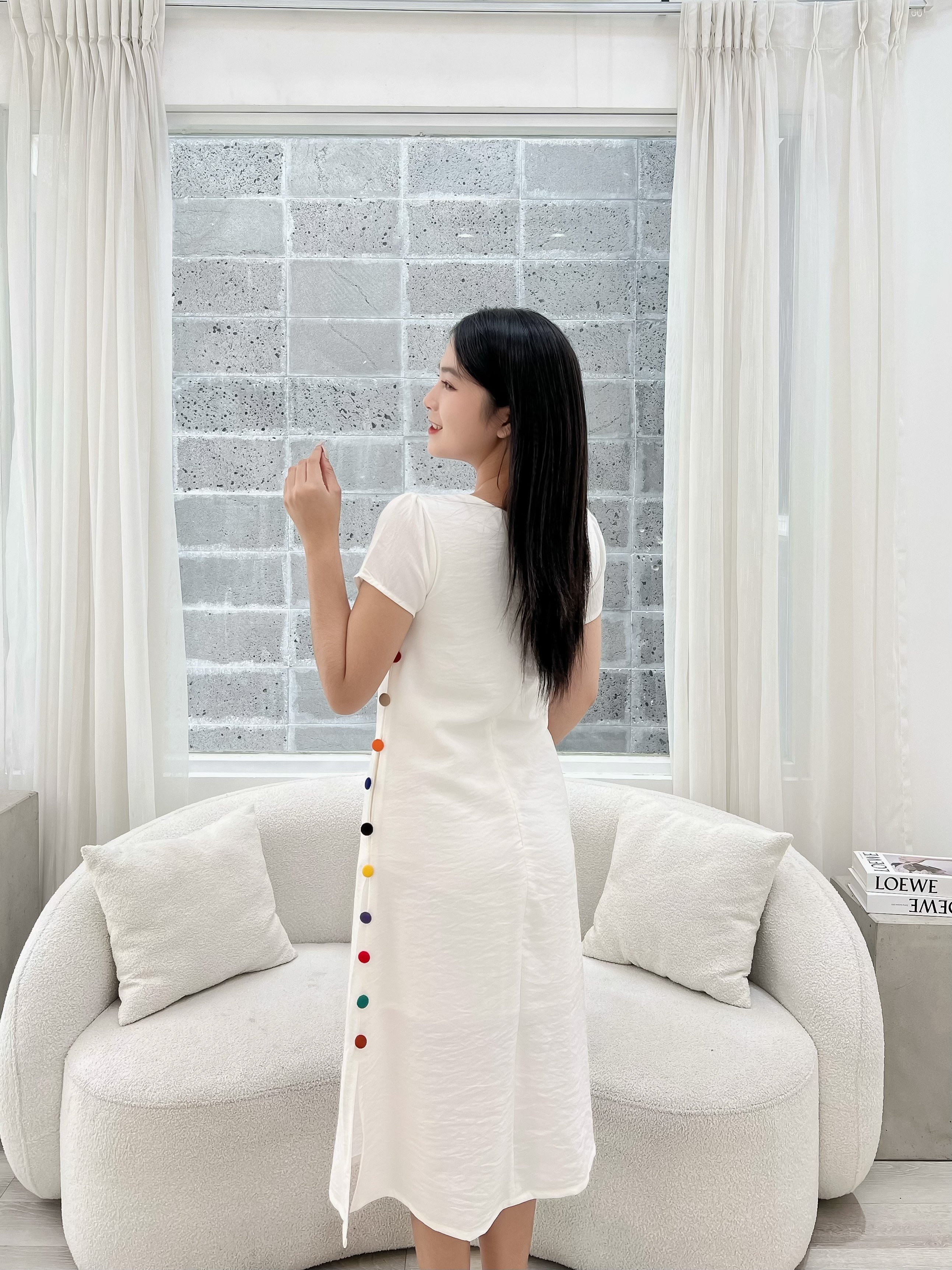 Đầm Linen thêu phối nút cách điệu D082- Lady fashion - Khánh Linh Style