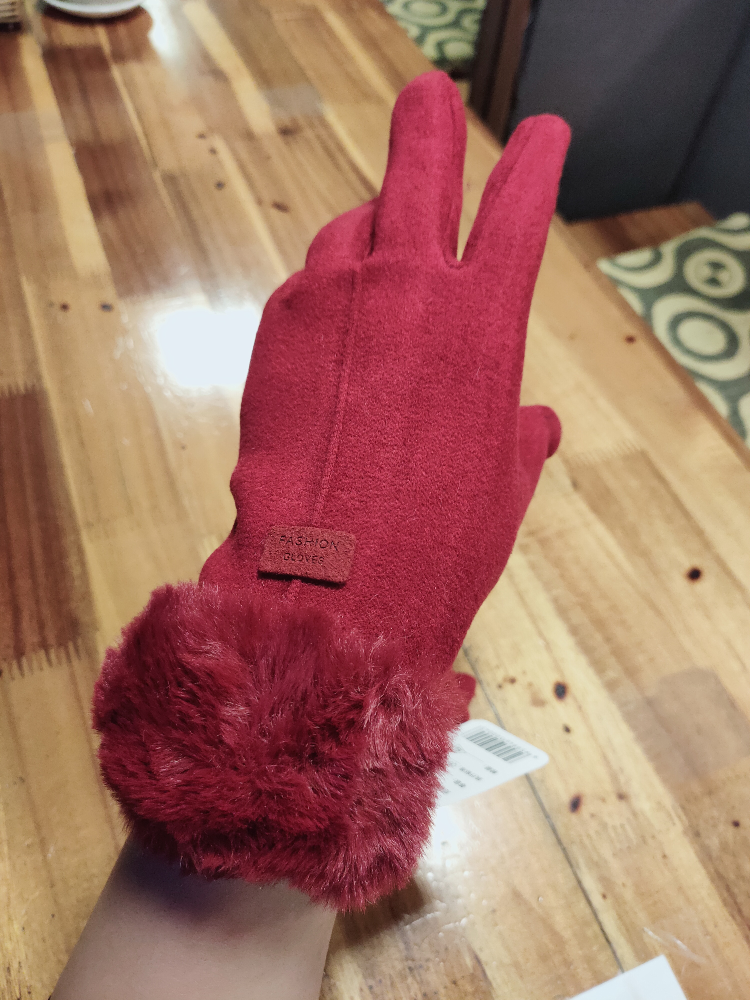 Găng tay nữ da lộn lót nhung cổ lông cao cấp có cảm ứng nhiệt