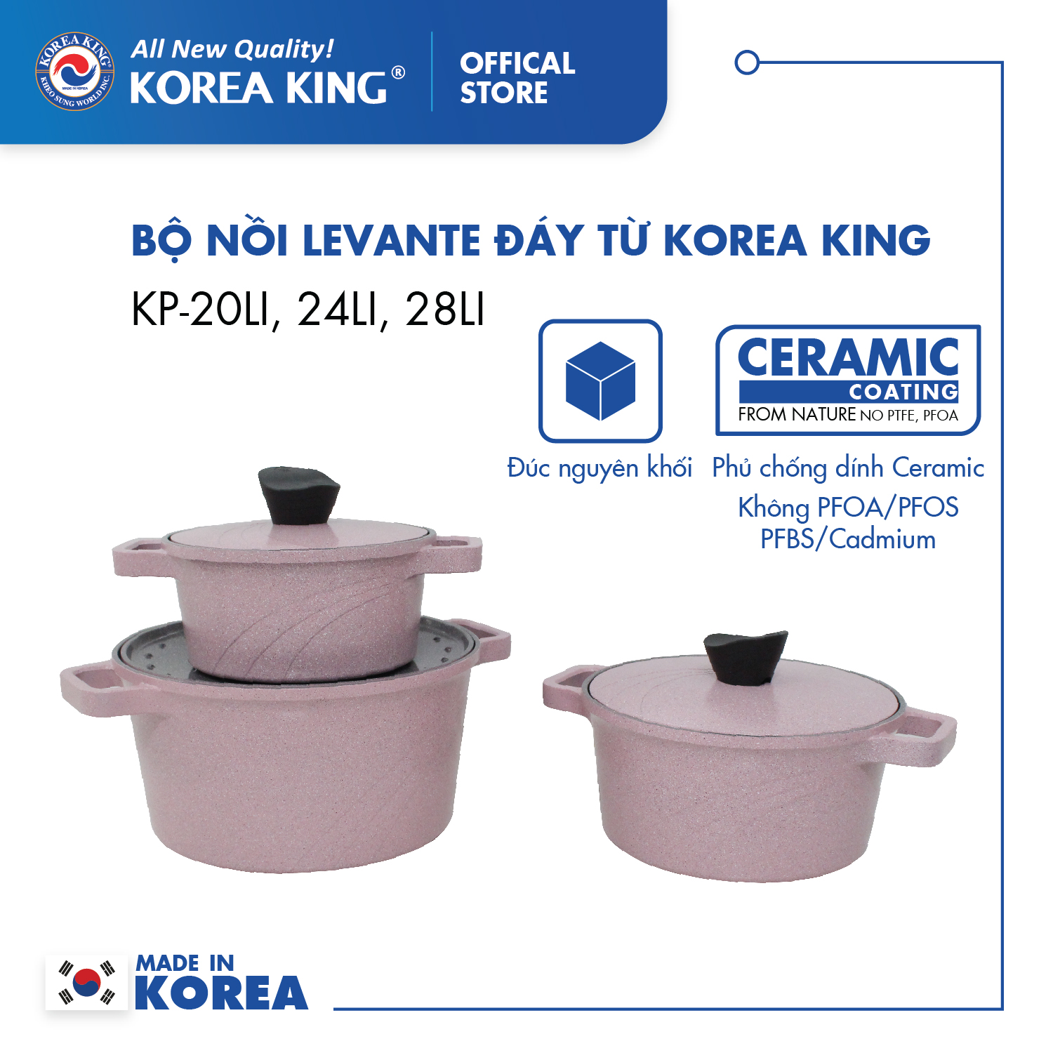 Bộ nồi hồng Levante đáy từ (Nồi, nắp bằng nhôm đúc, phủ men chống dính Ceramic, Ø20cm, 24cm,28cm)